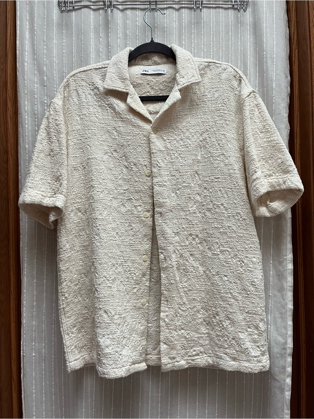 Zara Men Geometric Jacquard Shirt Med Ecru White knit casual short sleeve size M